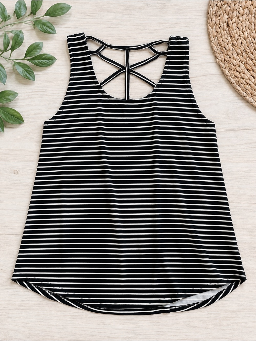 Wishful Park Black and White Striped Tank with Lattice Back